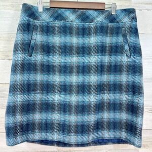 Talbots‎ Teal Blue Plaid Wool Blend Mini Skirt Size 16 Side Zip Lined Career Mod